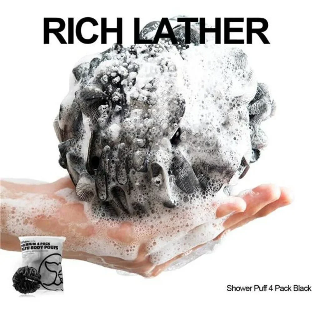Shower Loofah Puff 4 Pack Black Bath Sponge Bamboo Charcoal Mesh Body Scrubber